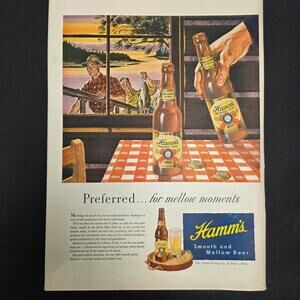 Vintage Hamm’s Beer Magazine Ad – Preferred for Mellow Moments Cabin Fishing Art